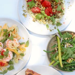 Melon salad ($15), Grilled corn ($10), Pole beans ($8), Focaccia ($3)