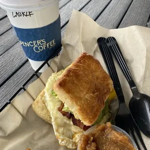 Breakfast sandwich with house made biscuit.