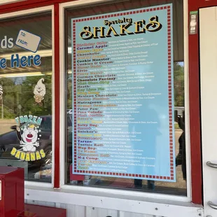 Shakes menu