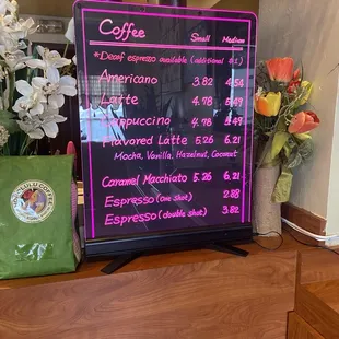 Their coffee menu