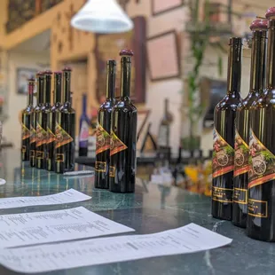 bottles of wine on a bar