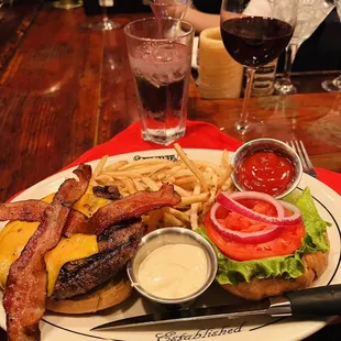 Burger with fries.