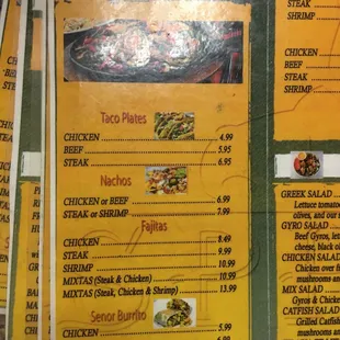 Mexican food menu