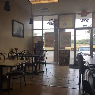 Dining area near front entrance of store