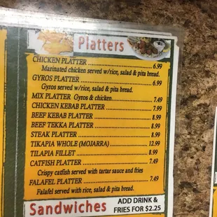 Platter menu and sandwiches