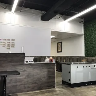 a kitchen and dining area