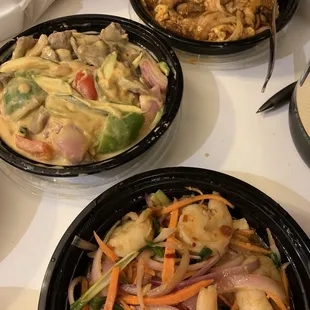 Top to bottom: pad Thai, beef coconut lime curry. Spicy garlic shrimp