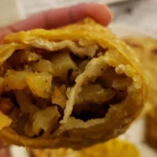 Interior of vegetable samosas ($5), vegan by default. Nice texture but too oily.