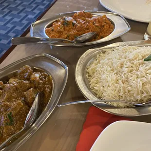 Lamb madrasal and Chicken Tikka Masala (the orange-ish dish)