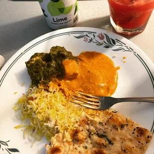 Palak paneer and butter chicken with a fresh watermelon slushie drink I made!