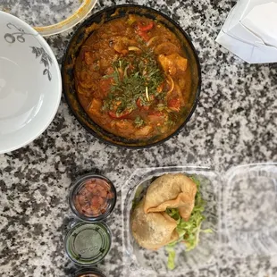 Chicken Jalfrezi and Samosa (takeout)