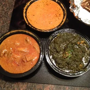 From top, clockwise: Shahi Paneer, Chicken Saag, Chicken Madras. All amazing!