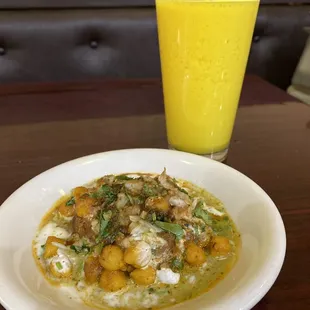 Veggie Samosa Chaat with mango lassie