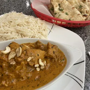 Chicken Korma, rice, and naan.