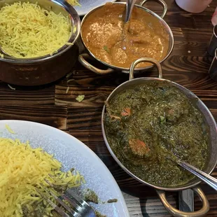 Chicken Tikka Saag, butter chicken, &amp; rice