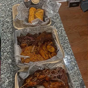 Lamb chops/Steak Plate with Jollof rice  & Plantains , Chicken Plate with shrimp , White Rice and Stew , & Spinach Efo-Riro , Goat Egg Roll
