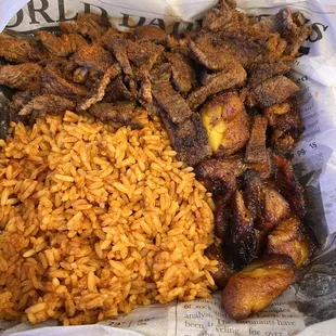 Steak suya, jollof, plaintain