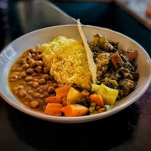 Basmathi Lemon Rice, Saag, Chickpeas, and Vegetables