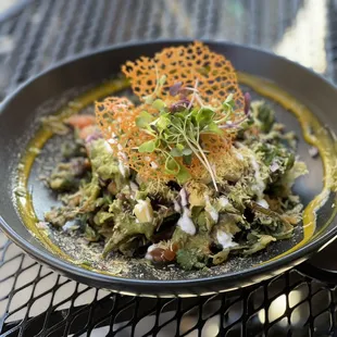 Spinach pakora chaat. Crunchy goodness. Great presentation too!