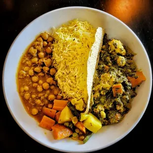 Basmathi Lemon Rice, Saag, Chickpeas, and Vegetables