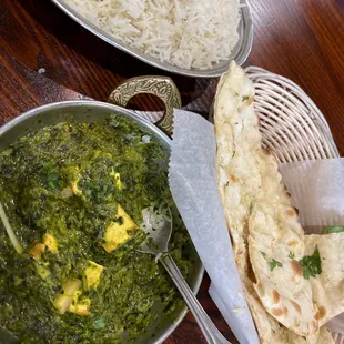 Palak Paneer, Garlic Naan and Rice. Just amazing taste.