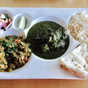 Vegetarian lunch platter (Thali) - mixed vegetable curry, saag paneer, salad, basmati rice and naan - 01/28/2017