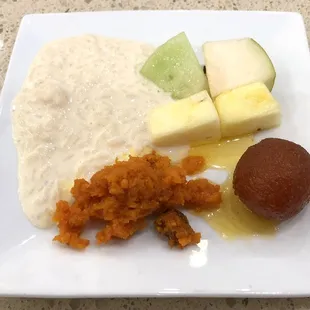 A Few Lunch Dessert Buffet Items (Clockwise from Lower Left - Carrot Halwa, Rice Pudding, Fresh Fruits, and Gulab Juman) - All Delish!
