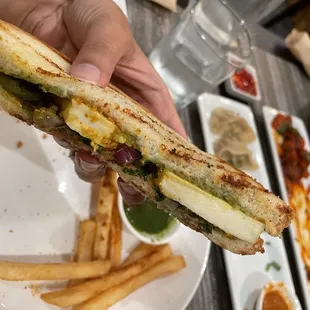 Inside of Paneer Tikka Sandwich