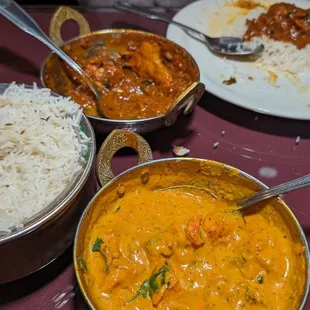 Chicken Tikka Masala and Chicken Madras with basmati rice.