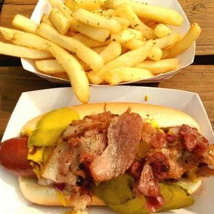 a hot dog and french fries