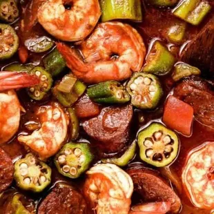 shrimp, sausage, oklery, and oklery