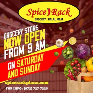 For your convenience,  Spice Rack Grocery is now OPEN from  9AM on Sat and Sun Call: 972.727.7225 for info spicerackplano.com #spicera