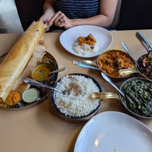 Ghee Dosa, Chicken Tikka Masala, Okra Fry, and Saag Paneer