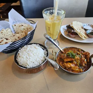 Chicken Patia, basmati rice, Whole wheat Roti and Mango Lassi