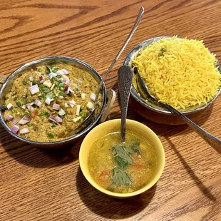 Baingan Bharta (Roasted Eggplant Curry), Spiced Basmati Rice, &amp; Daal Soup (Red Lentil)