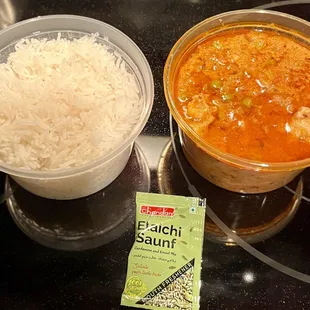 Large Basmati Rice, Chicken Tikka Masala, Elaichi Saunf (cardamom &amp; fennel mouth freshener)