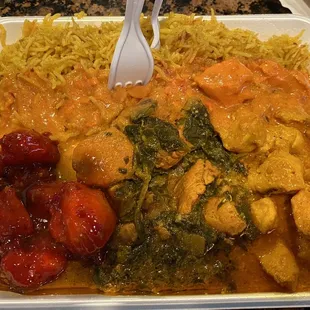 Spicy rice, chicken 65, chicken &amp; spinach, and chicken tiki Marsala