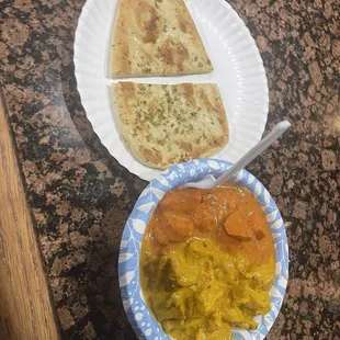 naan   Butter Chicken  and something ?? i forgot that was a coconut chicken (really yummy)