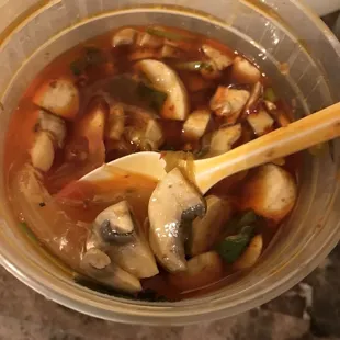 Chicken was left out of my Chicken Tom Yum soup. The veggies were good, but $10 is a steep price for veggie broth.