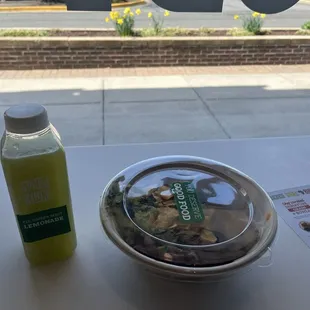 Lunch: lemonade, sofrito bowl with shrimp