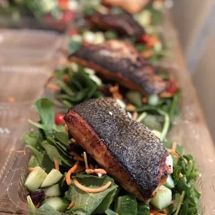 Garden Salad topped with Pan Seared Salmon