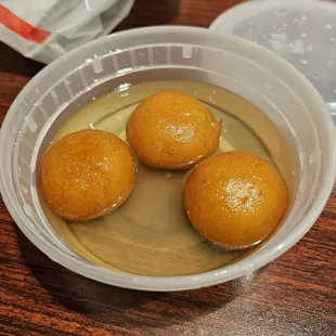 Gulab Jamun: Homemade milk balls dipped in honey sugar syrup.
