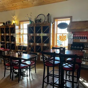  tables and chairs in a wine shop