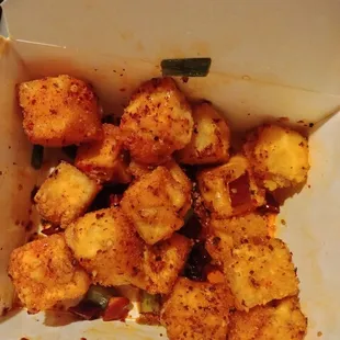 Salt and pepper tofu, restaurant pic had lots of jalapeno. This is what I received with no jalapeno and no salt. I&apos;ve been duped! :-(