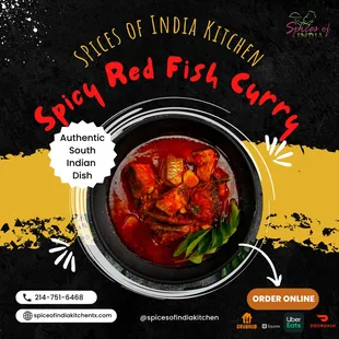 This fiery Spicy Red Fish Curry is a staple Kerala dish.
Spices of India Kitchen is an Indian restaurant in Irving Texas.