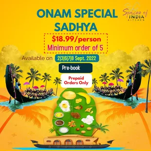 Sadhya for Onam in Irving, TX. Only a few days left to Pre-book. Do visit our website or call us at 214-751-6468 to Pre-book.