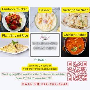 Special Thanksgiving Offer from Spices of India Kitchen, Irving, TX. 
Click on the link below to see our exclusive offer.