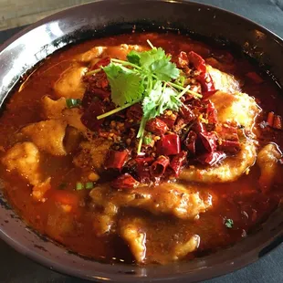 Fish Fillet Bowl With Flaming Red Oil