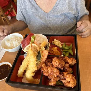 Three choice: Sashimi, Mochiko chicken and shrimp and Vegetables tempura.