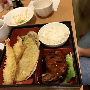Two choices: shrimp tempura and teriyaki chicken. Miso soup and a salad were included.